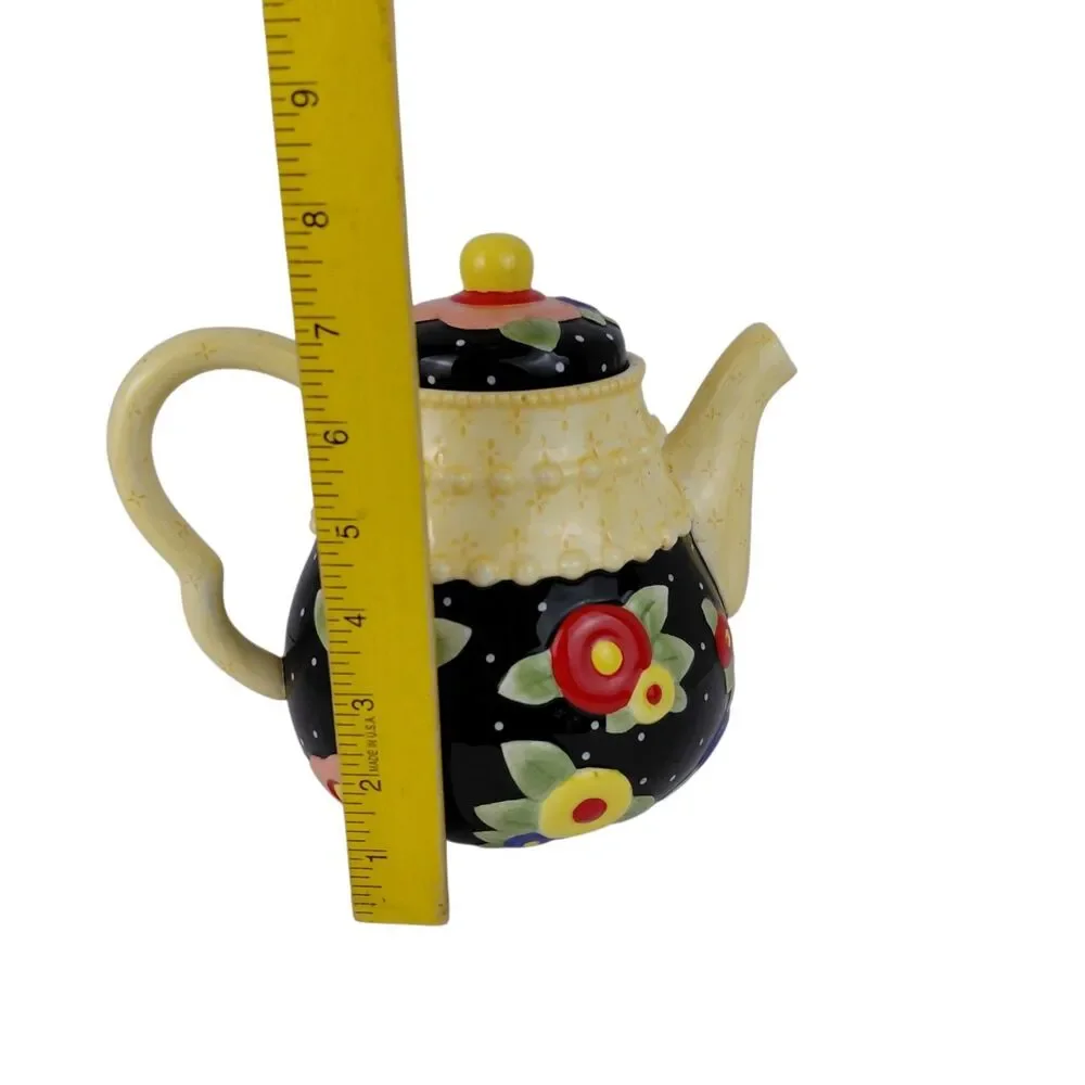Mary Engelbreit Yellow Black Teapot Red Blue Flowers  Vintage EUC
